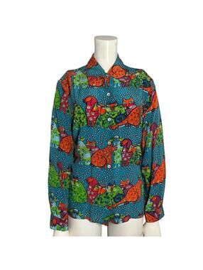 Vintage 90s Silk Cat Dog Print Blouse Nicole Taylor Beaded Art Shirt Medium